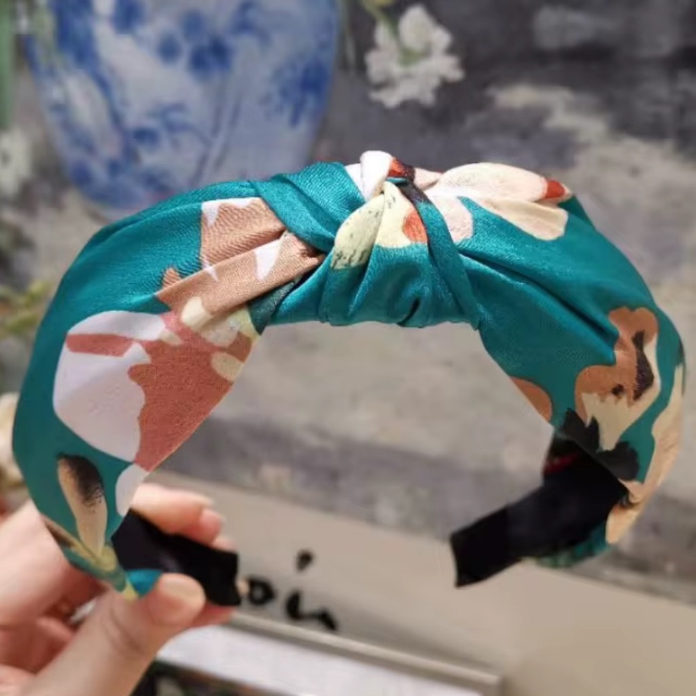Teal and Cream Silken Foral Headband with Topknot